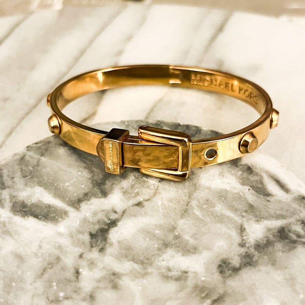 Michael Kors Buckle Bangle Bracelet Studded Gold Toned Metal Hinged Designer